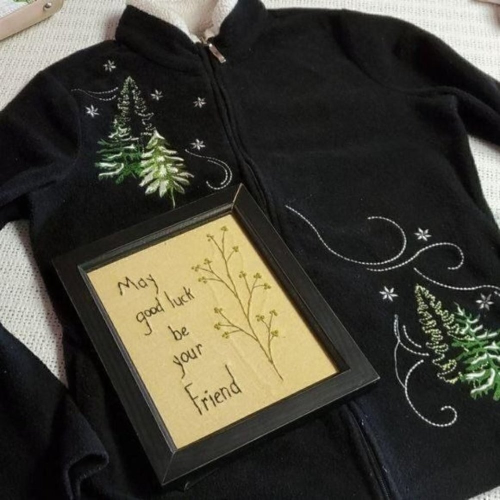 Breckenridge Black Fleece Zip Up Jacket Embroidered Pine Trees Sherpa Neck S